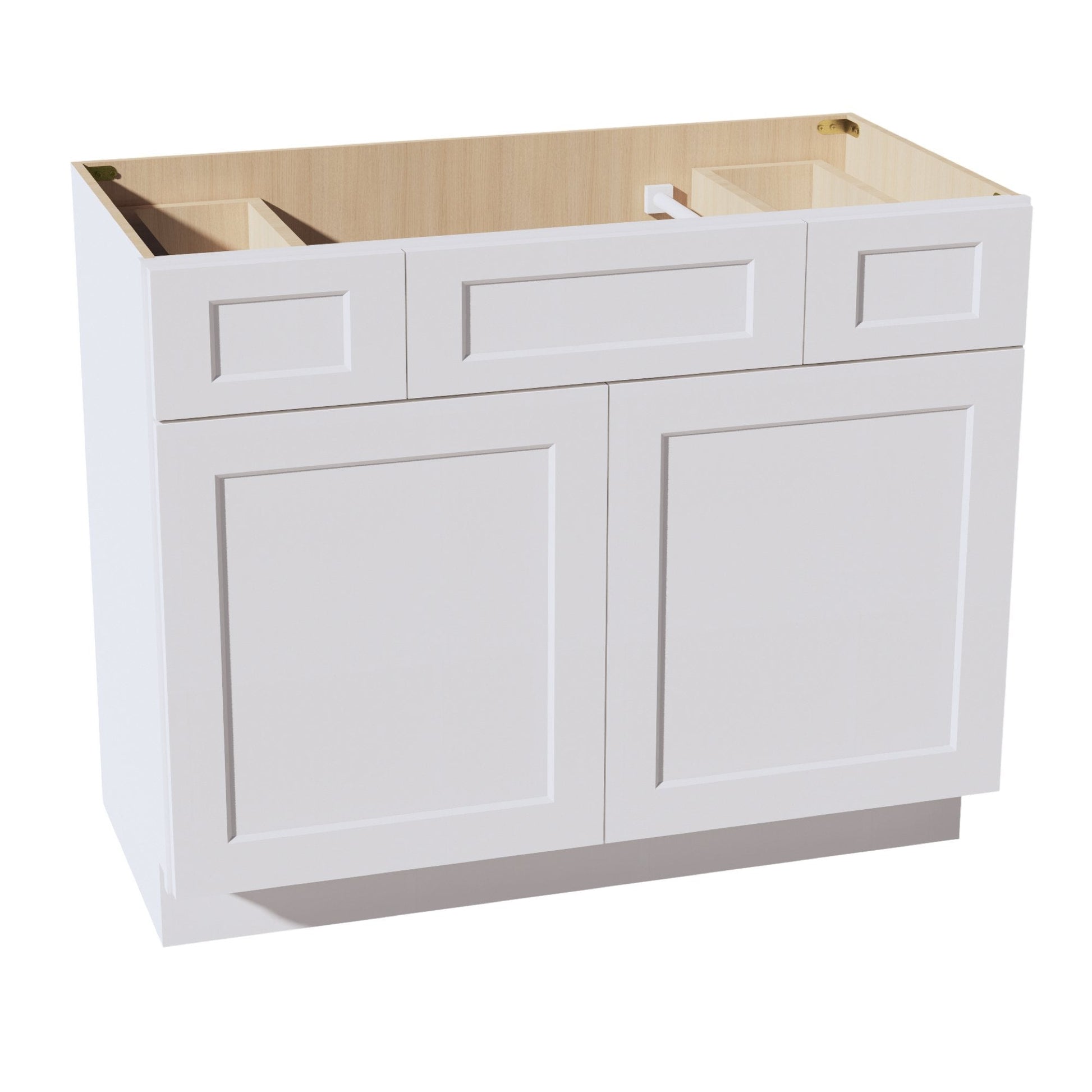 HF - VSD4221: Frost White Shaker 42"W x 34 - 1/2"H x 21"D 2 Doors, 2 Drawers & 1 False Drawer Centered Vanity Sink Base Cabinets - NextCabinets