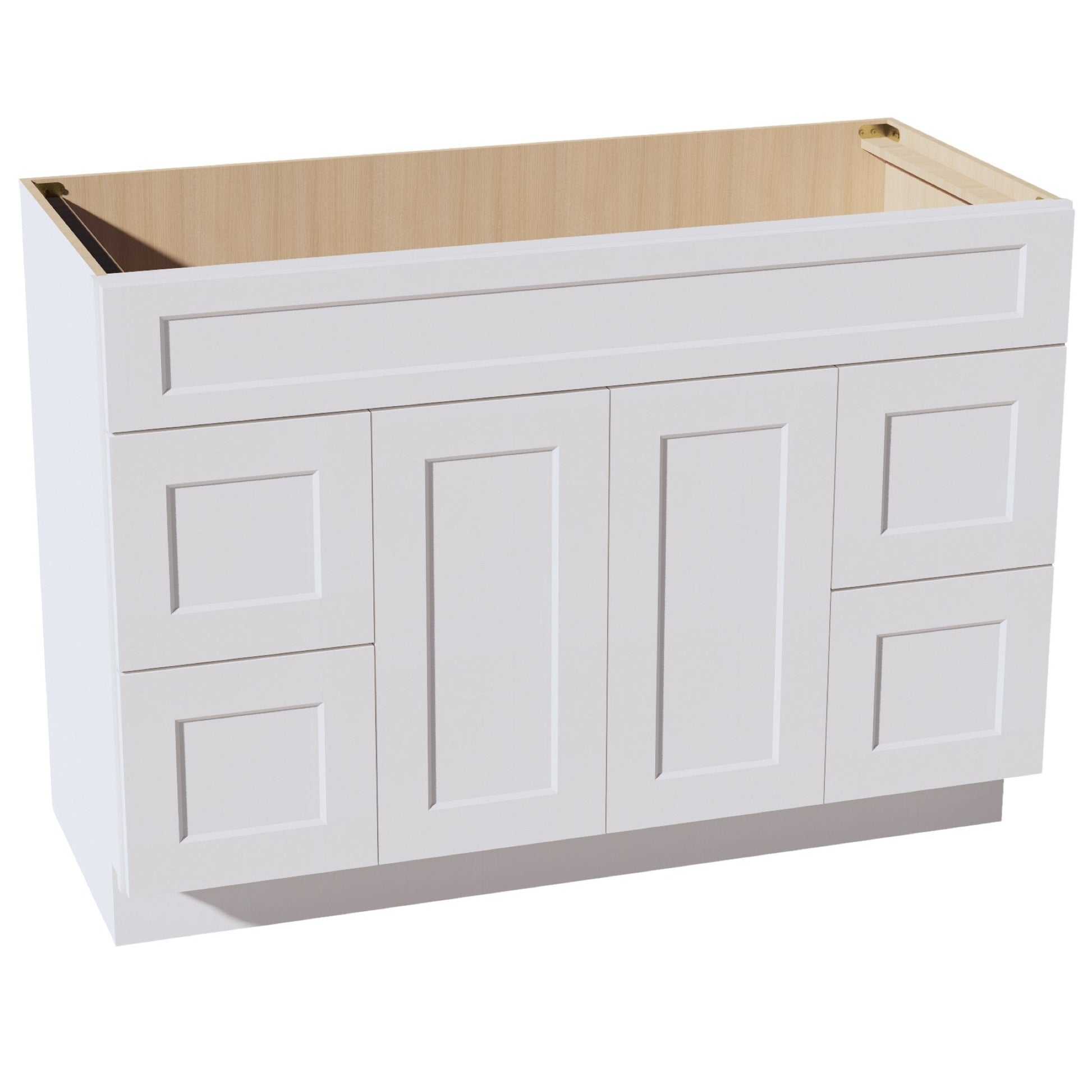 HF - VSD4821: Frost White Shaker 48"W x 34 - 1/2"H x 21"D 2 Doors, 4 Drawers & 1 False Drawer Centered Vanity Sink Base Cabinets - NextCabinets