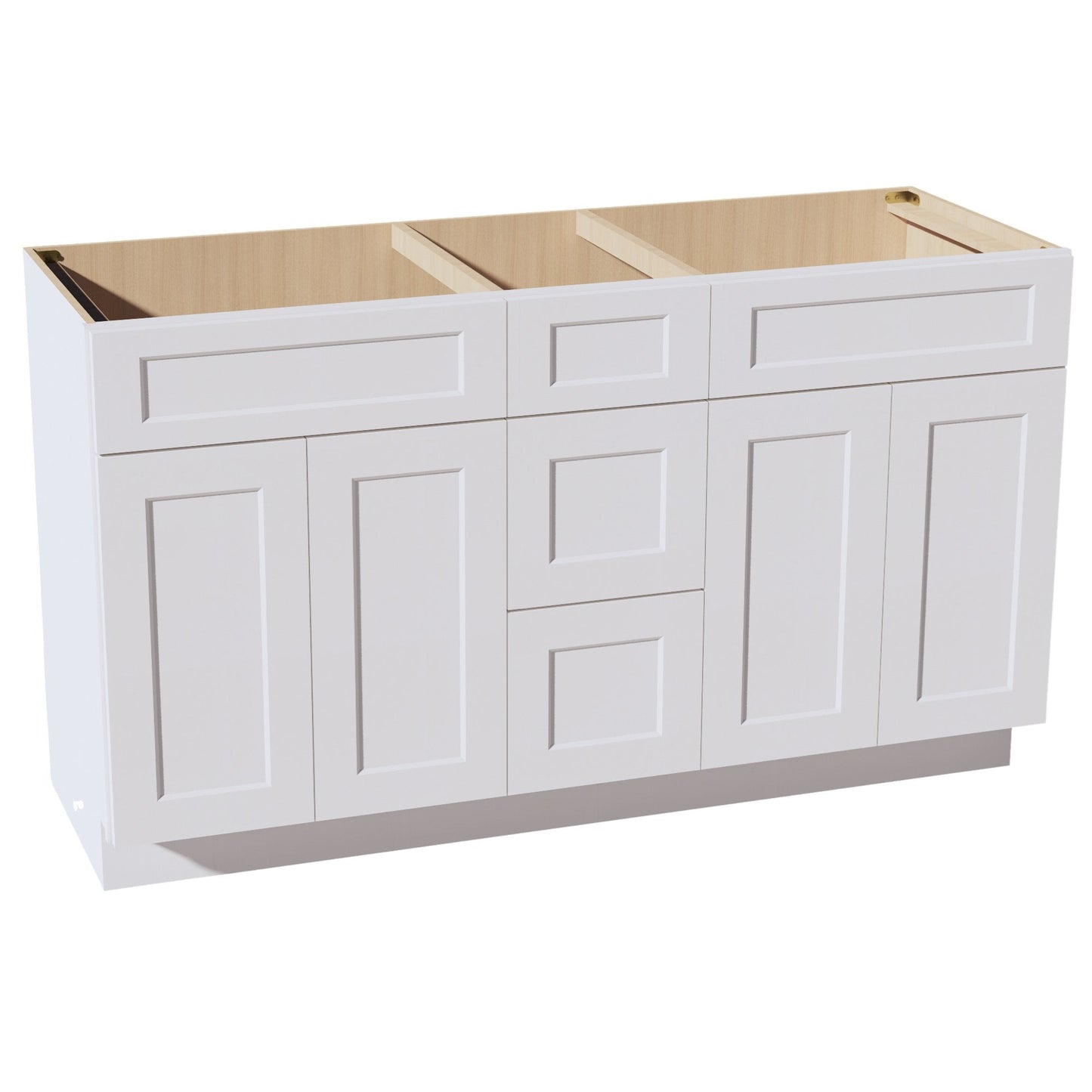 HF - VSD60DOUBLEE: Frost White Shaker 60"W x 34 - 1/2"H x 21"D 4 Doors, 3 Drawers & 2 False Drawers Double Sink Vanity Base Combo Cabinets - NextCabinets