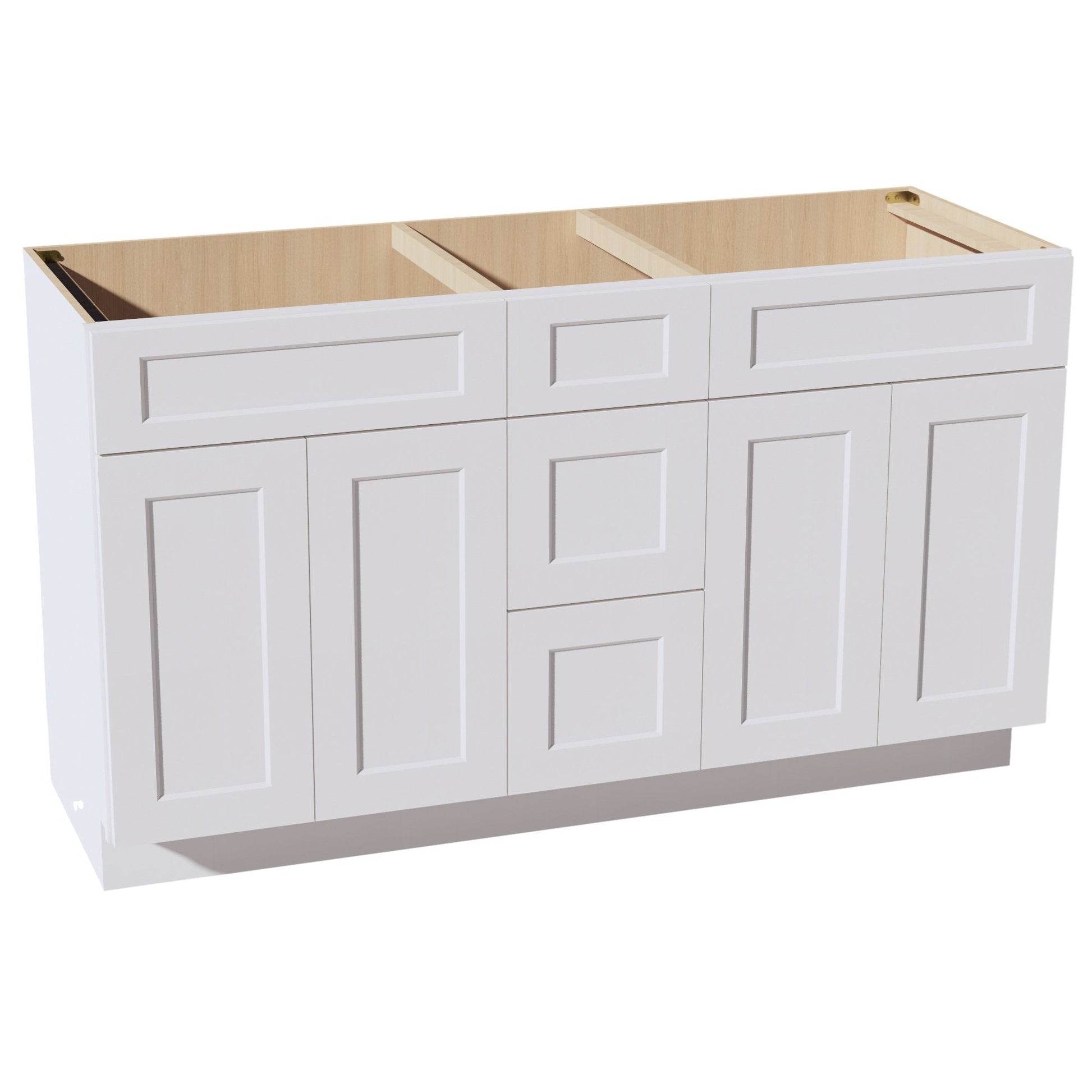 HF - VSD60DOUBLEE: Frost White Shaker 60"W x 34 - 1/2"H x 21"D 4 Doors, 3 Drawers & 2 False Drawers Double Sink Vanity Base Combo Cabinets - NextCabinets