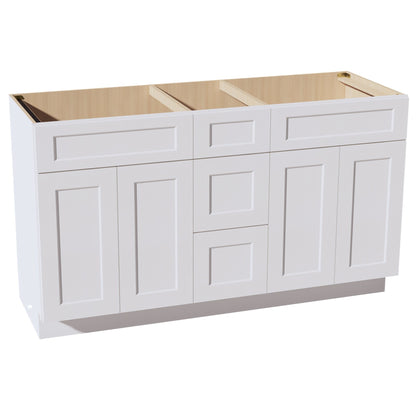 HF - VSD60DOUBLEE: Frost White Shaker 60"W x 34 - 1/2"H x 21"D 4 Doors, 3 Drawers & 2 False Drawers Double Sink Vanity Base Combo Cabinets - NextCabinets