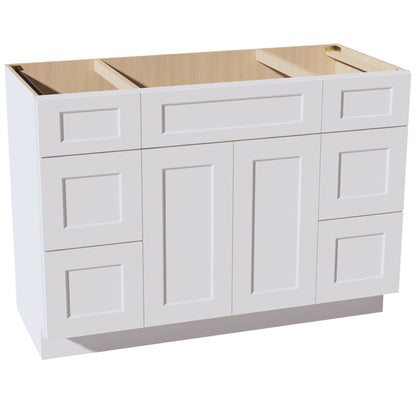 HF - VSD60SINGLE: Frost White Shaker 60"W x 34 - 1/2"H x 21"D 2 Doors, 6 Drawers & 1 False Drawer Single Sink Vanity Base Combo Cabinets - NextCabinets