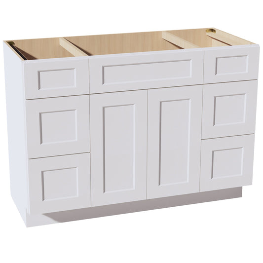 HF - VSD60SINGLE: Frost White Shaker 60"W x 34 - 1/2"H x 21"D 2 Doors, 6 Drawers & 1 False Drawer Single Sink Vanity Base Combo Cabinets - NextCabinets