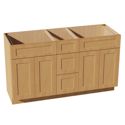 HT - VSD60DOUBLEE: Timber Wood Shaker 60"W x 34 - 1/2"H x 21"D 4 Doors, 3 Drawers & 2 False Drawers Double Sink Vanity Base Combo Cabinets - NextCabinets