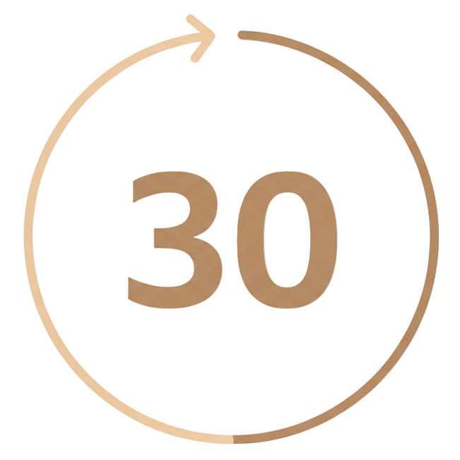 Icon with 30-day money-back guarantee, very light brown, minimalist lines, a circle with an arrow and the number 30 written inside. PNG with transparent background required.