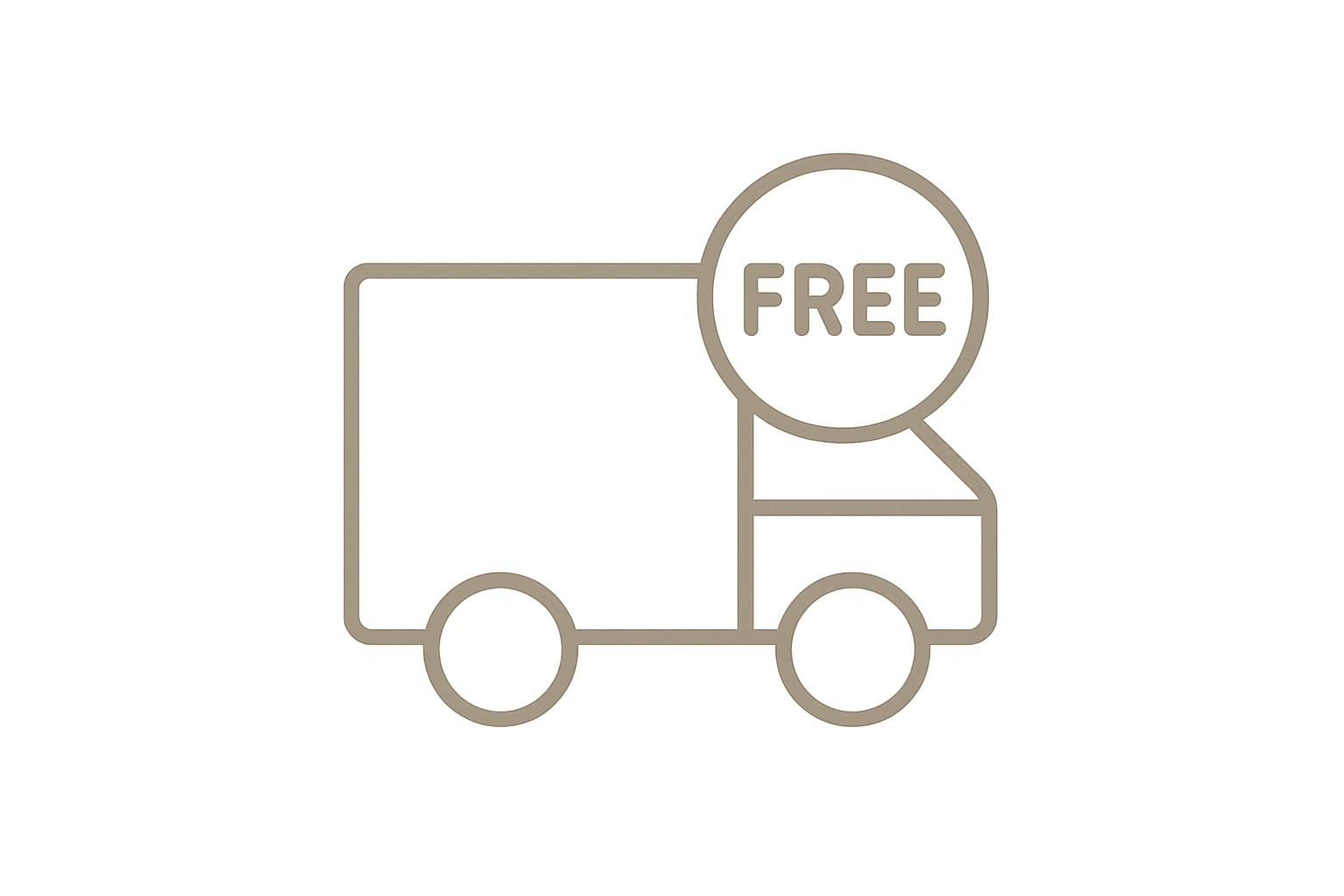 Minimal flat line icon of a delivery truck with a “FREE” badge, clean vector style, monoline outline, neutral tone, white background, consistent with Shopify theme icons.
