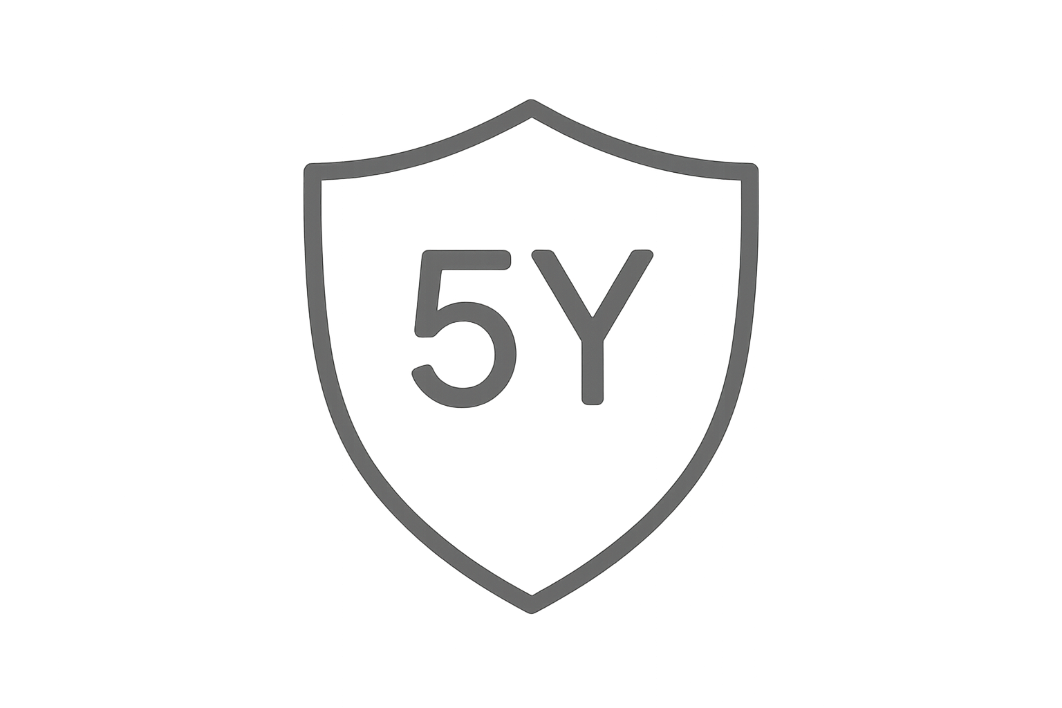 Minimal flat line icon of a shield or badge showing “5Y” or a checkmark, clean modern vector icon, monoline outline, neutral tone, white background, consistent with Shopify benefit icons.

