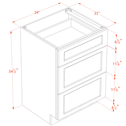 SF - VDB2421: Frost White Slim Shaker 24"W x 34 - 1/2"H x 21"D 3 Drawers Vanity Base Cabinets - NextCabinets