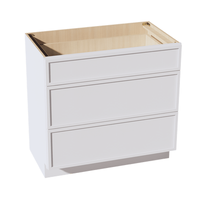 SF - VDB3621: Frost White Slim Shaker 36"W x 34 - 1/2"H x 21"D 3 Drawers Vanity Base Cabinets - NextCabinets