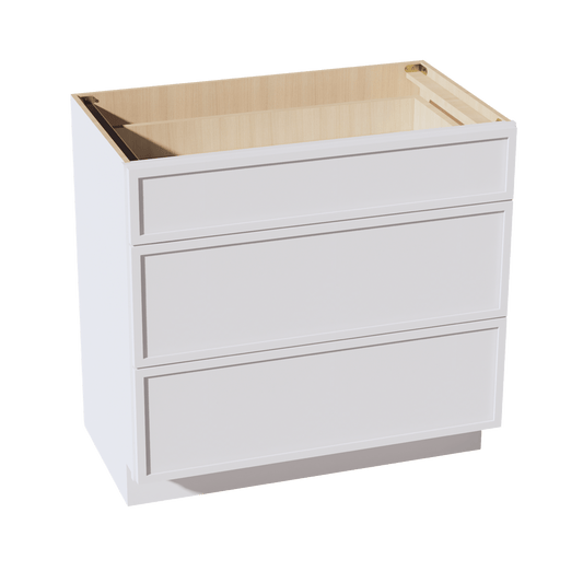 SF - VDB3621: Frost White Slim Shaker 36"W x 34 - 1/2"H x 21"D 3 Drawers Vanity Base Cabinets - NextCabinets