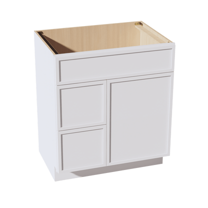 SF - VSD3021L: Frost White Slim Shaker 30"W x 34 - 1/2"H x 21"D 1 Door & 2 Left Drawers Offset Vanity Sink Base Cabinets - NextCabinets