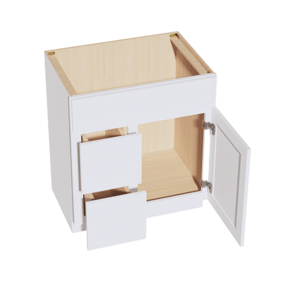 SF - VSD3021L: Frost White Slim Shaker 30"W x 34 - 1/2"H x 21"D 1 Door & 2 Left Drawers Offset Vanity Sink Base Cabinets - NextCabinets