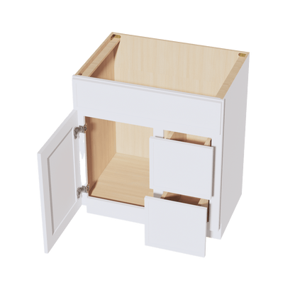 SF - VSD3021R: Frost White Slim Shaker 30"W x 34 - 1/2"H x 21"D 1 Door & 2 Right Drawers Offset Vanity Sink Base Cabinets - NextCabinets