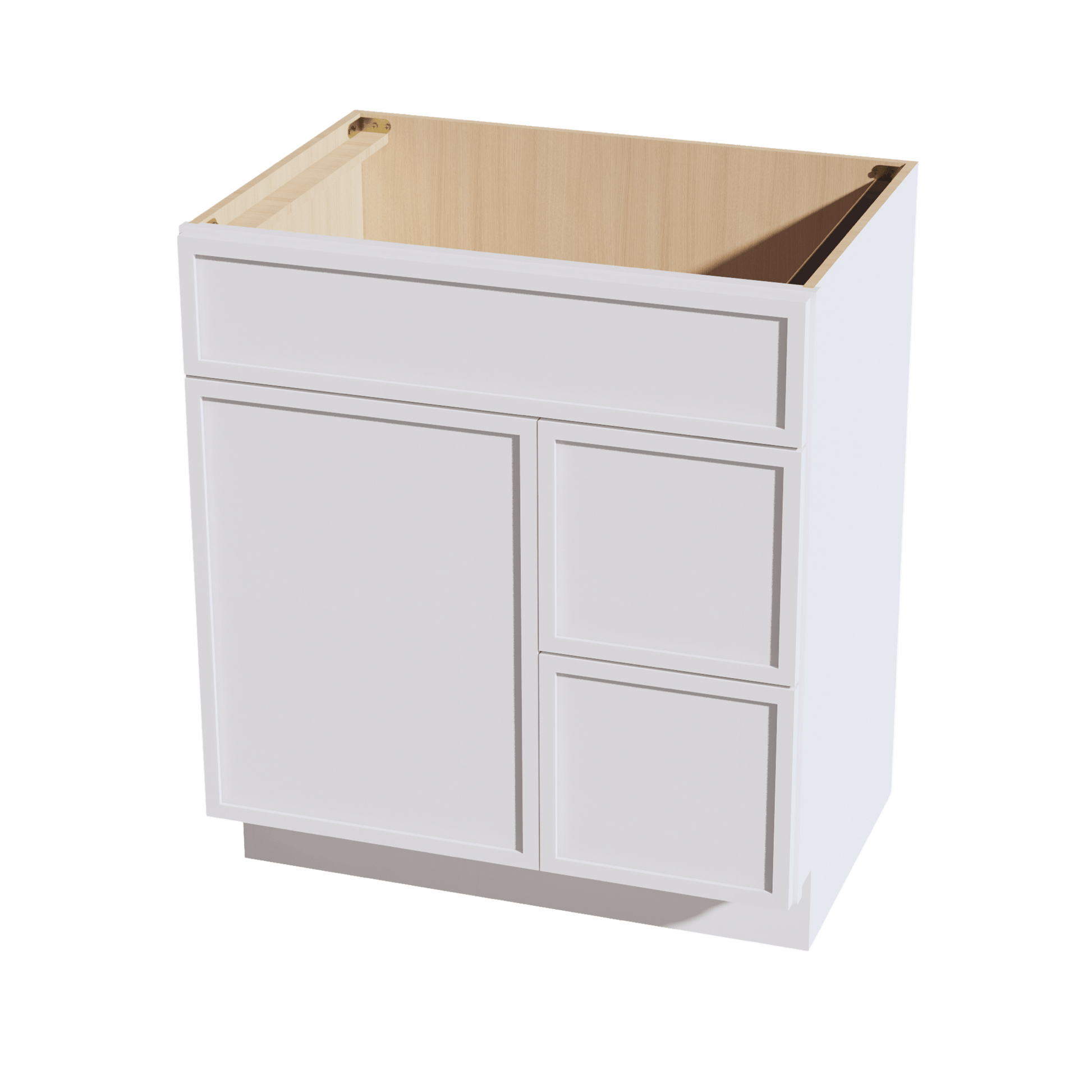 SF - VSD3021R: Frost White Slim Shaker 30"W x 34 - 1/2"H x 21"D 1 Door & 2 Right Drawers Offset Vanity Sink Base Cabinets - NextCabinets