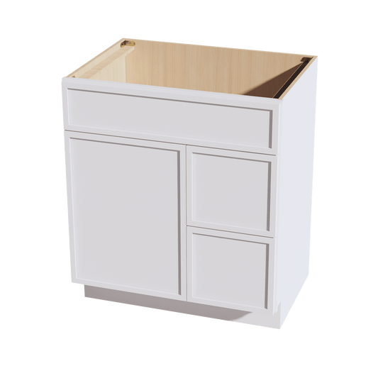 SF - VSD3021R: Frost White Slim Shaker 30"W x 34 - 1/2"H x 21"D 1 Door & 2 Right Drawers Offset Vanity Sink Base Cabinets - NextCabinets