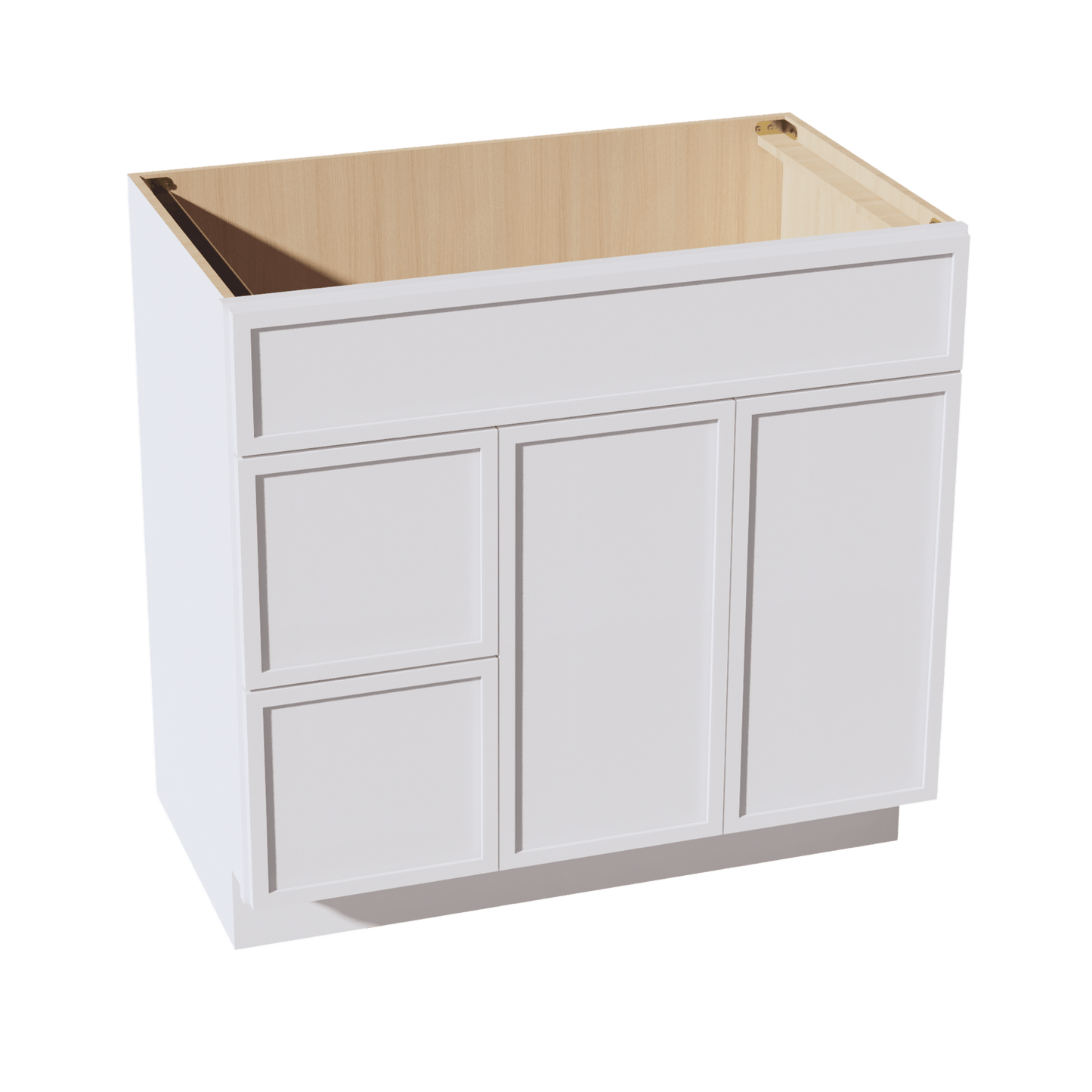SF - VSD3621L: Frost White Slim Shaker 36"W x 34 - 1/2"H x 21"D 2 Doors & 2 Left Drawers Offset Vanity Sink Base Cabinets - NextCabinets
