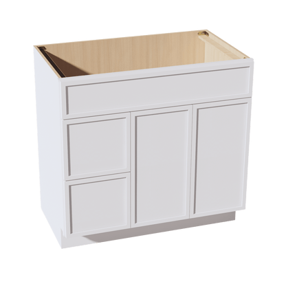 SF - VSD3621L: Frost White Slim Shaker 36"W x 34 - 1/2"H x 21"D 2 Doors & 2 Left Drawers Offset Vanity Sink Base Cabinets - NextCabinets