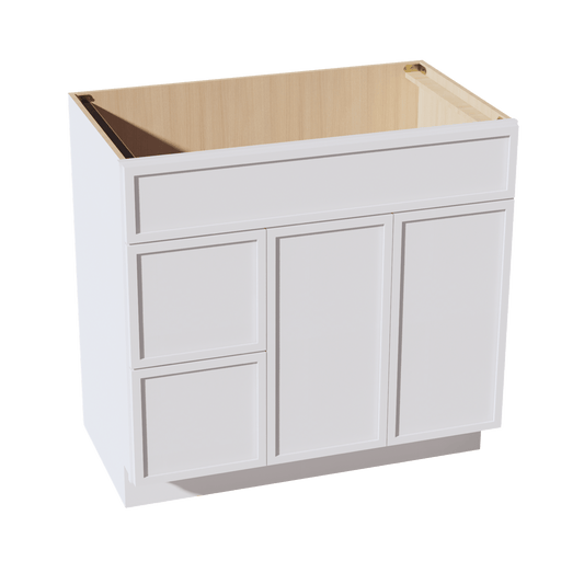 SF - VSD3621L: Frost White Slim Shaker 36"W x 34 - 1/2"H x 21"D 2 Doors & 2 Left Drawers Offset Vanity Sink Base Cabinets - NextCabinets