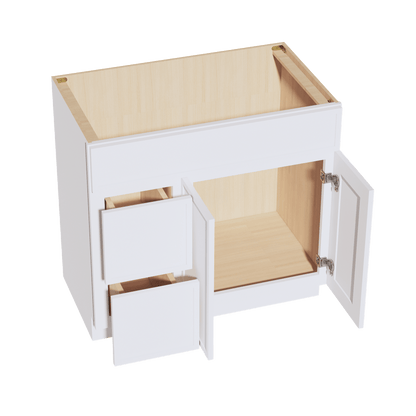 SF - VSD3621L: Frost White Slim Shaker 36"W x 34 - 1/2"H x 21"D 2 Doors & 2 Left Drawers Offset Vanity Sink Base Cabinets - NextCabinets