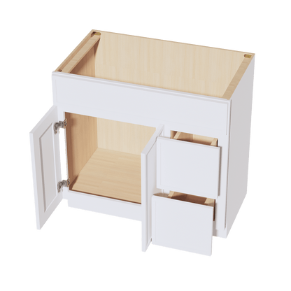 SF - VSD3621R: Frost White Slim Shaker 36"W x 34 - 1/2"H x 21"D 2 Doors & 2 Right Drawers Offset Vanity Sink Base Cabinets - NextCabinets