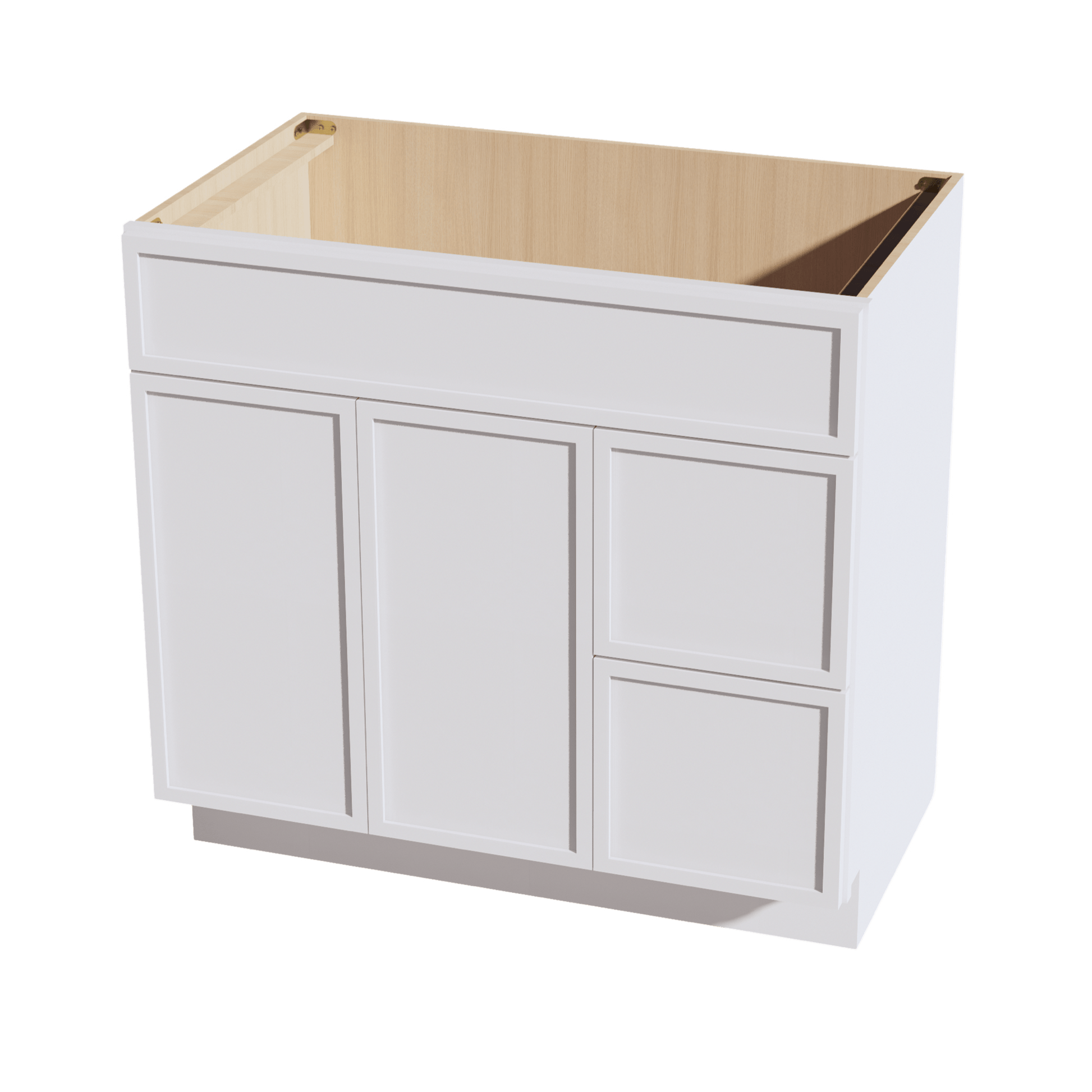 SF - VSD3621R: Frost White Slim Shaker 36"W x 34 - 1/2"H x 21"D 2 Doors & 2 Right Drawers Offset Vanity Sink Base Cabinets - NextCabinets