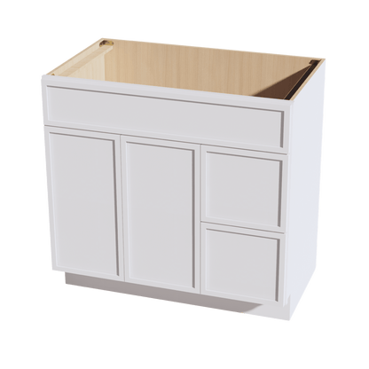 SF - VSD3621R: Frost White Slim Shaker 36"W x 34 - 1/2"H x 21"D 2 Doors & 2 Right Drawers Offset Vanity Sink Base Cabinets - NextCabinets
