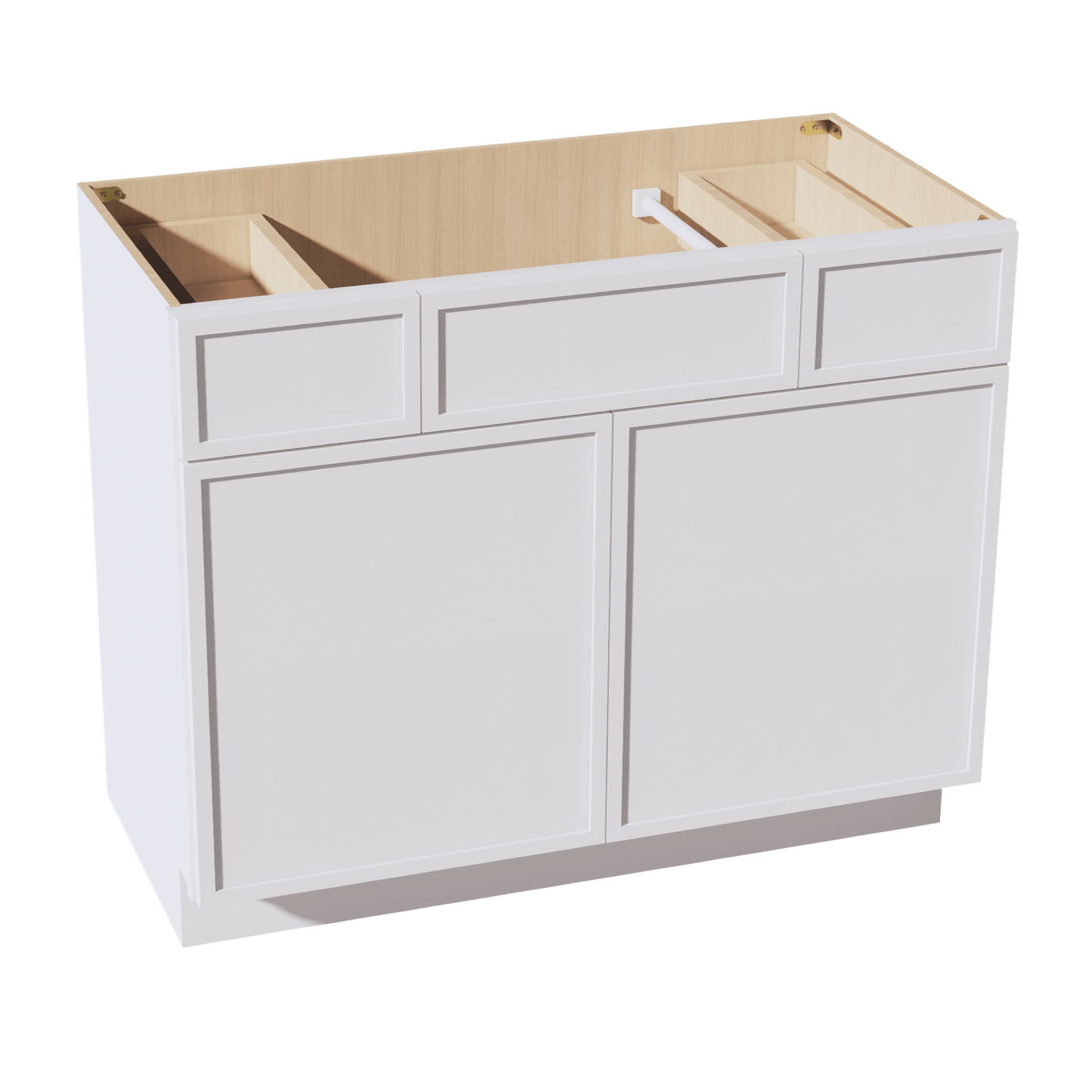 SF - VSD4221: Frost White Slim Shaker 42"W x 34 - 1/2"H x 21"D 2 Doors, 2 Drawers & 1 False Drawer Centered Vanity Sink Base Cabinets - NextCabinets