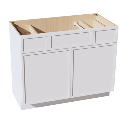SF - VSD4221: Frost White Slim Shaker 42"W x 34 - 1/2"H x 21"D 2 Doors, 2 Drawers & 1 False Drawer Centered Vanity Sink Base Cabinets - NextCabinets