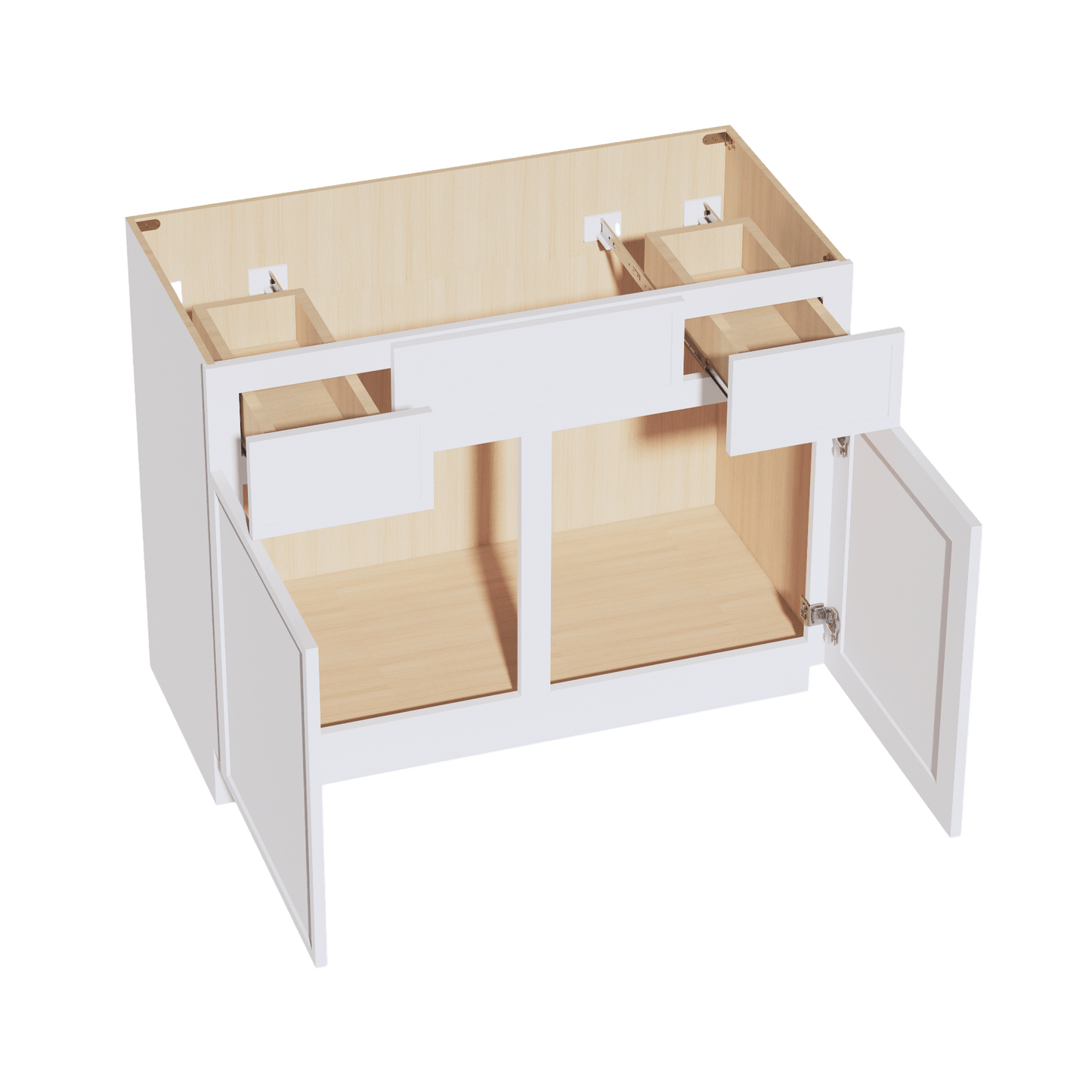 SF - VSD4221: Frost White Slim Shaker 42"W x 34 - 1/2"H x 21"D 2 Doors, 2 Drawers & 1 False Drawer Centered Vanity Sink Base Cabinets - NextCabinets