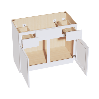 SF - VSD4221: Frost White Slim Shaker 42"W x 34 - 1/2"H x 21"D 2 Doors, 2 Drawers & 1 False Drawer Centered Vanity Sink Base Cabinets - NextCabinets