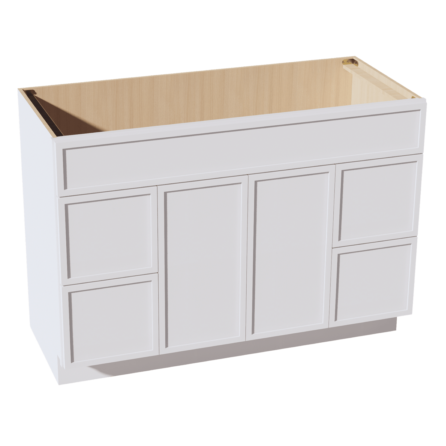SF - VSD4821: Frost White Slim Shaker 48"W x 34 - 1/2"H x 21"D 2 Doors, 4 Drawers & 1 False Drawer Centered Vanity Sink Base Cabinets - NextCabinets