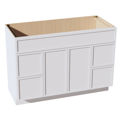 SF - VSD4821: Frost White Slim Shaker 48"W x 34 - 1/2"H x 21"D 2 Doors, 4 Drawers & 1 False Drawer Centered Vanity Sink Base Cabinets - NextCabinets