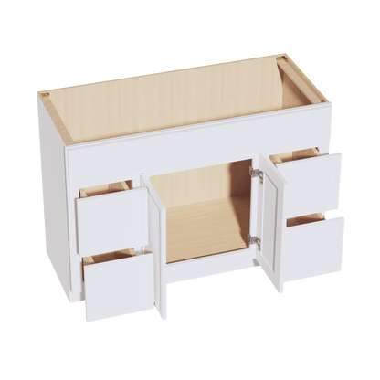 SF - VSD4821: Frost White Slim Shaker 48"W x 34 - 1/2"H x 21"D 2 Doors, 4 Drawers & 1 False Drawer Centered Vanity Sink Base Cabinets - NextCabinets