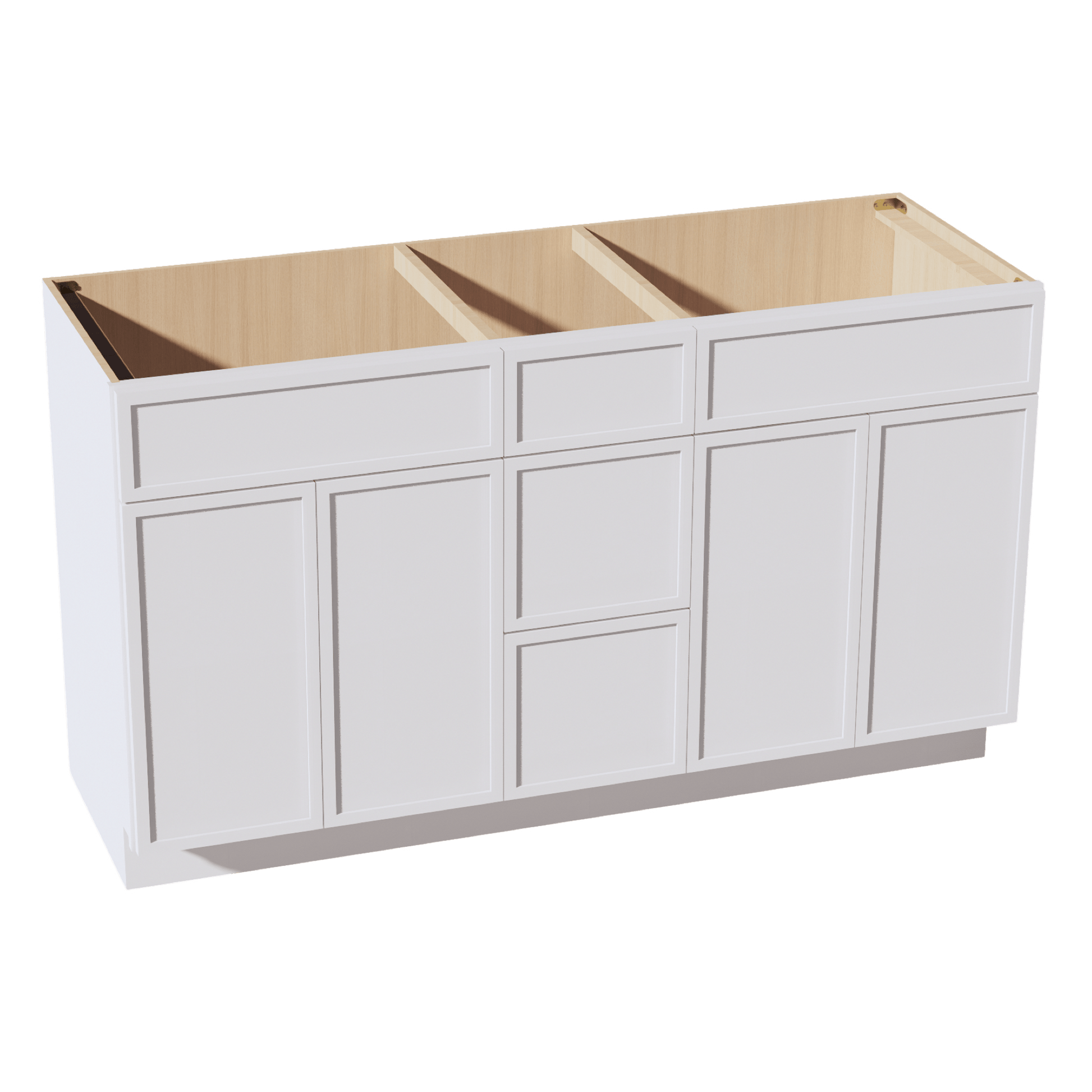 SF - VSD60DOUBLEE: Frost White Slim Shaker 60"W x 34 - 1/2"H x 21"D 4 Doors, 3 Drawers & 2 False Drawers Double Sink Vanity Base Combo Cabinets - NextCabinets