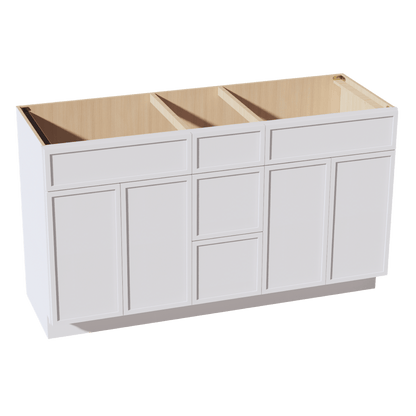 SF - VSD60DOUBLEE: Frost White Slim Shaker 60"W x 34 - 1/2"H x 21"D 4 Doors, 3 Drawers & 2 False Drawers Double Sink Vanity Base Combo Cabinets - NextCabinets
