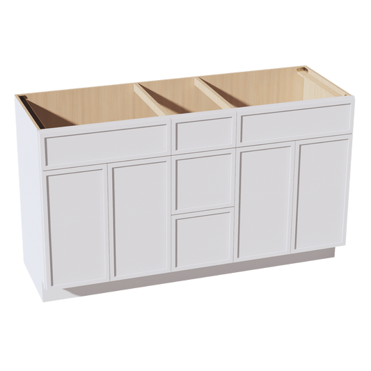 SF - VSD60DOUBLEE: Frost White Slim Shaker 60"W x 34 - 1/2"H x 21"D 4 Doors, 3 Drawers & 2 False Drawers Double Sink Vanity Base Combo Cabinets - NextCabinets