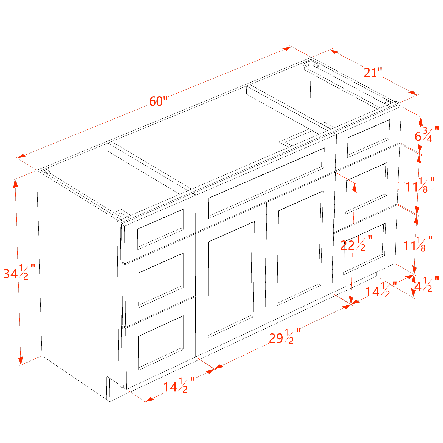 SF - VSD60SINGLE: Frost White Slim Shaker 60"W x 34 - 1/2"H x 21"D 2 Doors, 6 Drawers & 1 False Drawer Single Sink Vanity Base Combo Cabinets - NextCabinets