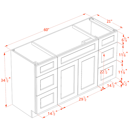 SF - VSD60SINGLE: Frost White Slim Shaker 60"W x 34 - 1/2"H x 21"D 2 Doors, 6 Drawers & 1 False Drawer Single Sink Vanity Base Combo Cabinets - NextCabinets