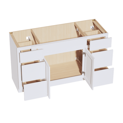SF - VSD60SINGLE: Frost White Slim Shaker 60"W x 34 - 1/2"H x 21"D 2 Doors, 6 Drawers & 1 False Drawer Single Sink Vanity Base Combo Cabinets - NextCabinets