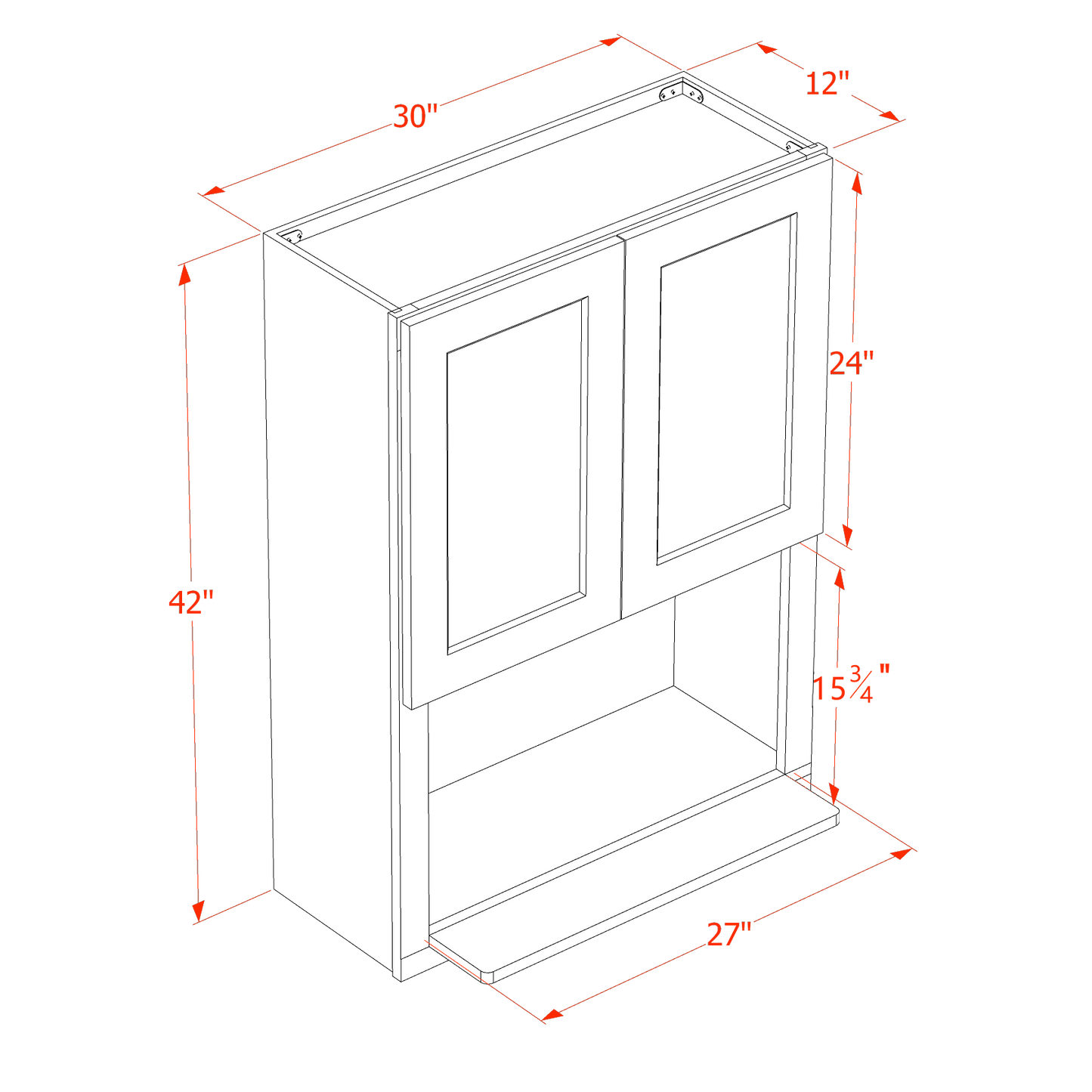 SF - WM3042: Frost White Slim Shaker 30"W x 42"H 2 Door & 1 Shelf Wall Built - in Microwave Cabinets - NextCabinets