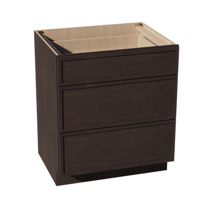 SM - DB30: Mocha Brown Slim Shaker 30" 3 Drawers Base Cabinet - NextCabinets