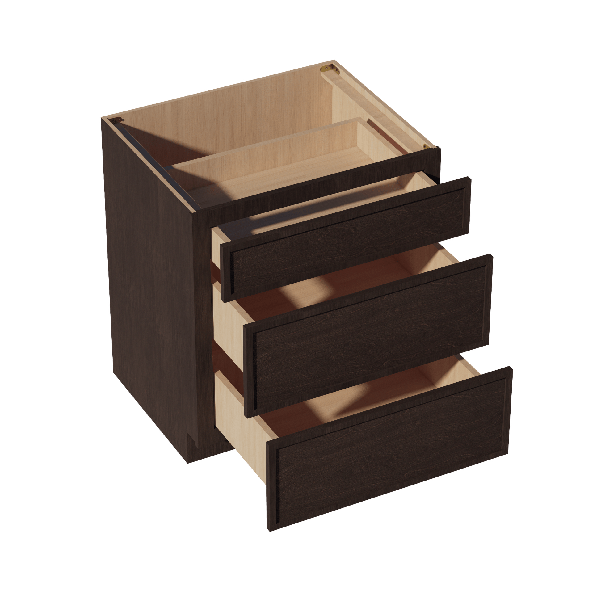 SM - DB30: Mocha Brown Slim Shaker 30" 3 Drawers Base Cabinet - NextCabinets