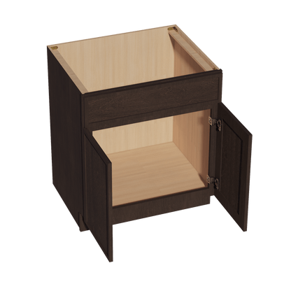 SM - SB30: Mocha Brown Slim Shaker 30" 2 Doors 1 False Drawer Sink Base Cabinet - NextCabinets