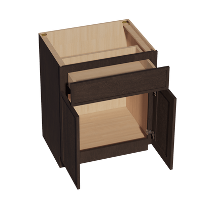 SM - VB2721: Mocha Brown Slim Shaker 27"W x 34 - 1/2"H x 21"D 2 Doors & 1 Drawer Double Door Vanity Base Cabinets - NextCabinets