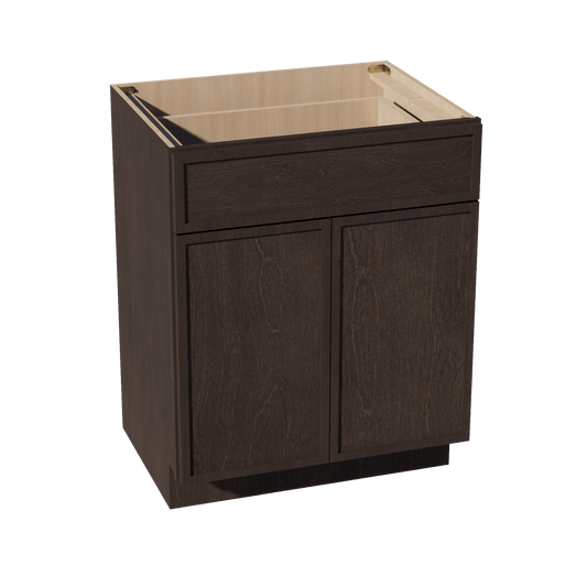 SM - VB2721: Mocha Brown Slim Shaker 27"W x 34 - 1/2"H x 21"D 2 Doors & 1 Drawer Double Door Vanity Base Cabinets - NextCabinets