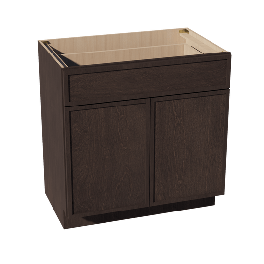 SM - VB3321: Mocha Brown Slim Shaker 33"W x 34 - 1/2"H x 21"D 2 Doors & 1 Drawer Double Door Vanity Base Cabinets - NextCabinets