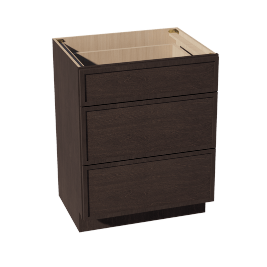 SM - VDB2721: Mocha Brown Slim Shaker 27"W x 34 - 1/2"H x 21"D 3 Drawers Vanity Base Cabinets - NextCabinets