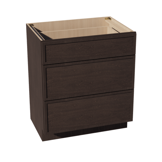 SM - VDB3021: Mocha Brown Slim Shaker 30"W x 34 - 1/2"H x 21"D 3 Drawers Vanity Base Cabinets - NextCabinets