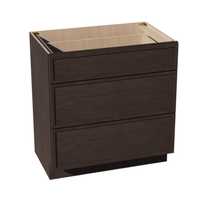 SM - VDB3321: Mocha Brown Slim Shaker 33"W x 34 - 1/2"H x 21"D 3 Drawers Vanity Base Cabinets - NextCabinets