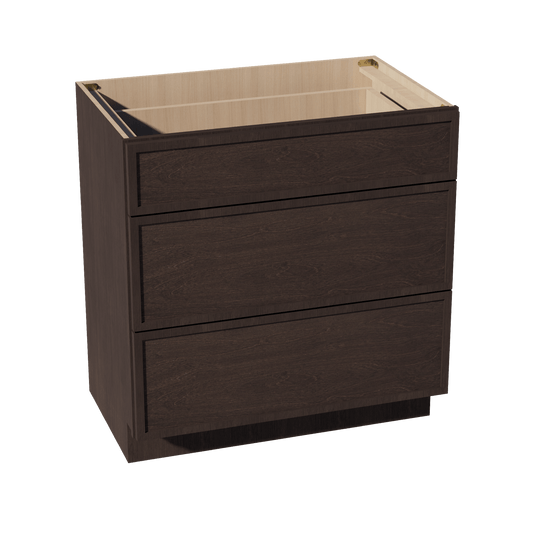 SM - VDB3321: Mocha Brown Slim Shaker 33"W x 34 - 1/2"H x 21"D 3 Drawers Vanity Base Cabinets - NextCabinets